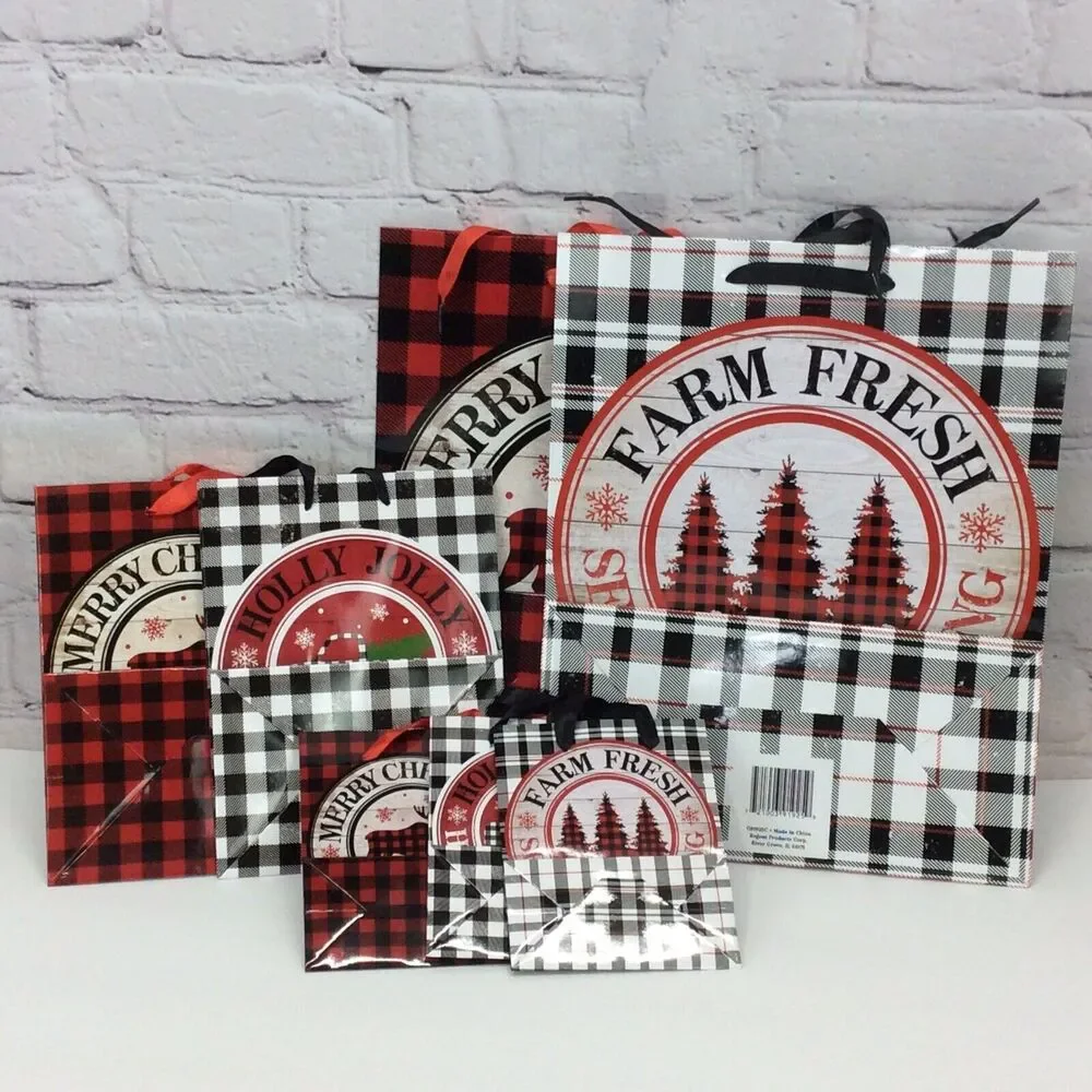 Christmas Gift Bags 7 Piece Set Red/Black Buffalo Check 3 Sizes Ribbon Handles